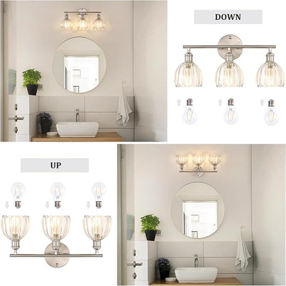 Shenmoyl Bathroom Light Fixtures, 3-Light Vanity Wall Light Over Mirror with Clear Tulip Glass Shade for Bedroom Living Room (Bulb Not Included), Satin Nickel