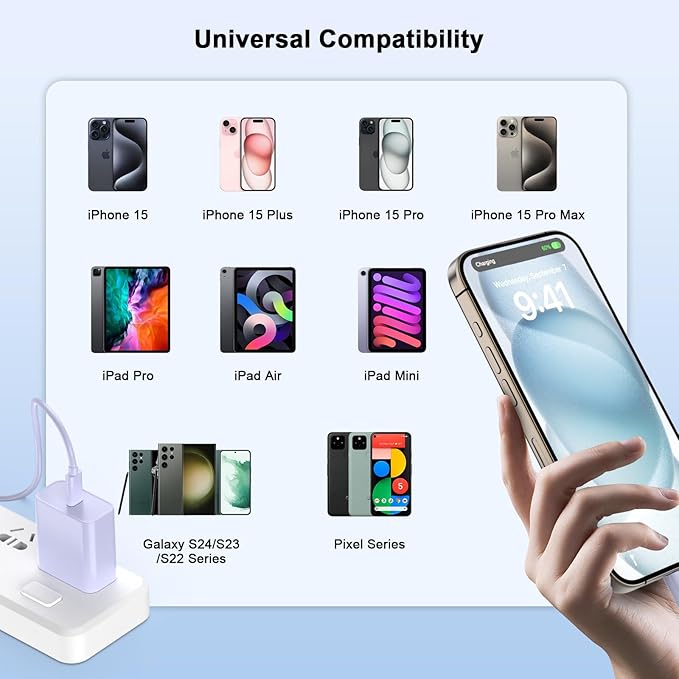 Matsusho 20W USB C Wall Charger Fast Charging Compatible for iPhone 16/16 Plus/16 Pro/16 Pro Max/15/15 Pro/15 Pro Max/15 Plus, 2 Pack iPhone 16 15 Charger Block with 10FT Type C Charging Cable, Purple