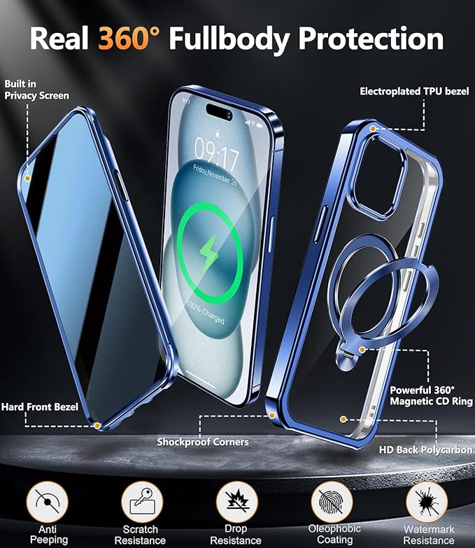 [360° Rotatable CD Stand & Built-in Privacy Screen Magnetic Case for iPhone 15 [Compatible with MagSafe & Full Signal] Mil-Grade Shockproof Full Body Anti-Spy Cover for 15-Blue