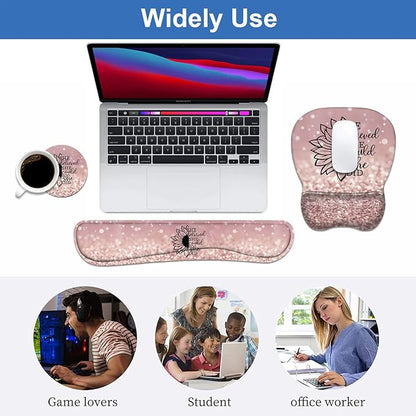 Mouse Pad Wrist Support and Keyboard Wrist Rest Set with Coasters, She Believed She Could So She Did Inspirational Quote with Non-Slip PU Base Ergonomic Mousepad for Home Office Working Studying