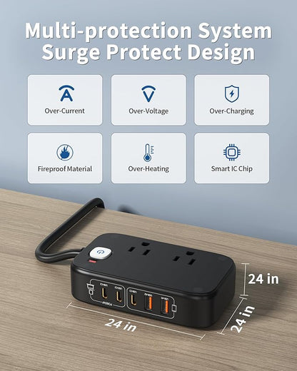KWRNVO 7-in-1 Power Strip, 85W PD USB C Power Strip with 3 USB-C, 2 USB-A Ports and 2500W AC Outlet, Flat Plug Essentials for Home/Office/College/Travel (Black)