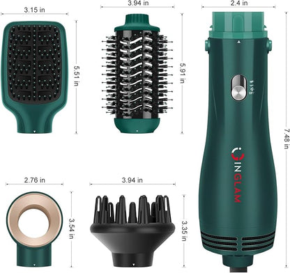 IG INGLAM Hair Dryer Brush, 4-in-1 Detachable Blow Dryer Brush, Ionic Diffuser Hair Dryer & Styler Volumizer with Oval Titanium Barrel, One-Step Hot Air Blowout Styler, Dark Green