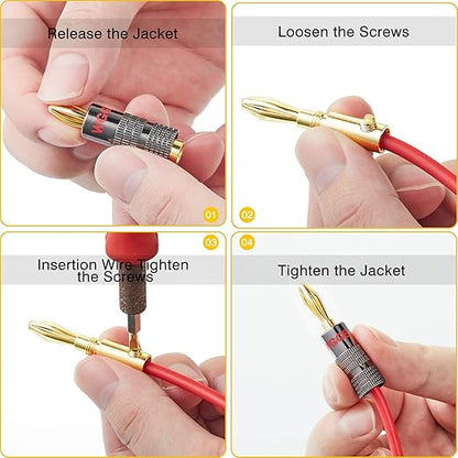 WGGE WG-029 Banana Plugs Audio Jack Connector, 24k Gold Dual Screw Lock Speaker Connector for Speaker Wire, Wall Plate, Home Theater, Audio/Video Receiver, and Sound Systems ((6 Pairs (12 Plugs)))