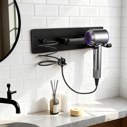 Dovyn Blow Dryer Holder Wall Mount, 3 in 1 Bathroom Hair Tool Organizer with Curling Iron Holder & Flat Iron Holder, Universal Hair Dryer Holder Rack Storage Matte Black