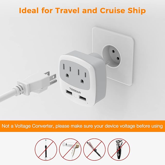 TESSAN Israel Power Adapter, Type H Travel Plug Adaptor with 2 USB Ports 2 American Outlets for US to Israel Jerusalem