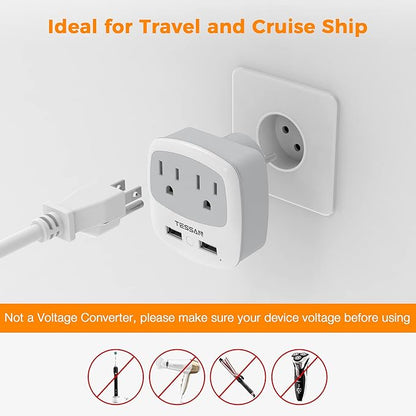 TESSAN Israel Power Adapter, Type H Travel Plug Adaptor with 2 USB Ports 2 American Outlets for US to Israel Jerusalem