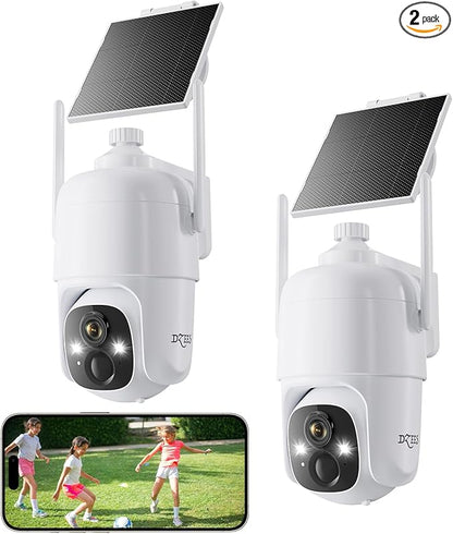 Dzees Solar Security Cameras Wireless Outdoor, 2K Battery Powered Security Camera, 360° PTZ Camera with Spotlight, Siren, Color Night Vision, AI Dectection, IP66 for Home Security, 2.4GHz 2-Pack