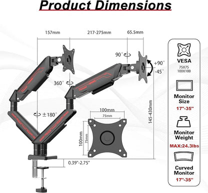 Fydeamer Dual Monitor Arm for 17-35" Screens up to 24.2 lbs, Ergonomic Gas Spring Monitor Stand with Height Adjust, Tilt, Swivel & Cable Management, VESA Desk Mount with 2 Types of Installation, Black