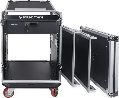 Sound Town Heavy-Duty 1/2" (12mm) Plywood 14U PA DJ Pro Audio Rack/Road ATA Case with 11U Slant Mixer Top, Locking Drawer, 20’’ Rackable Depth and Casters (STMR-14D3)