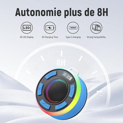 IPX7 Waterproof Shower Bluetooth Speaker, Portable Small Speaker with Suction Cup and Time Display, Loud Crystal Sound & Bass 10H Playtime 1100mAh, Wireless Shower Speakers for Pool, Beach Gift Blue