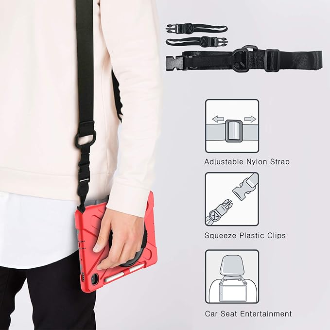 BRAECN for Samsung Galaxy Tab S6 Lite Case, Heavy Duty Rugged Cover with [Rotating Hand Strap] [Carrying Shoulder Strap] [Kickstand] [S Pen Holder] for Galaxy Tab S6 Lite 10.4 2024/2022/2020 -Red