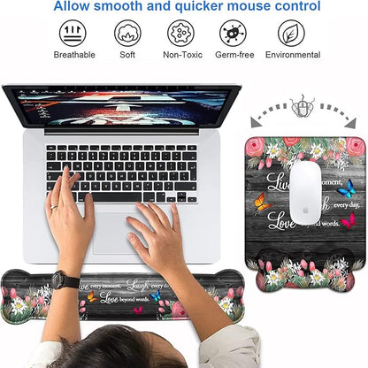 Keyboard Wrist Rest + Mouse Pad Wrist Support Set with Coasters, Non-Slip PU Base Ergonomic Mousepad for Home Office Working Studying Easy Typing & Pain Relief, Floral Quote Live Laugh Love