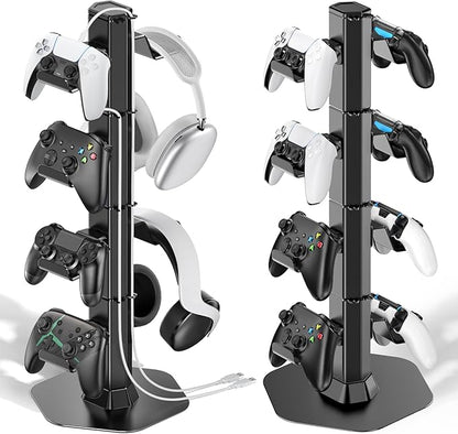 Controller & Headset Holder Stand for Desk, with Charger Cable Organizer Headphone Stand for PS5/ Xbox/ PS4/ Switch, Metal Base Controller Hanger Hook for Storage Earphones, Game Console, Mobile Phone