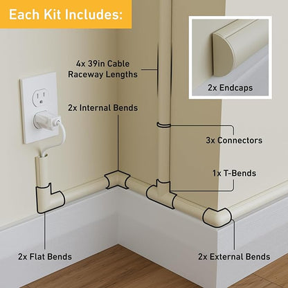 D-Line 13.12ft Cord Hider Kit, Patented Cable Cover, Hide Wires on Wall, Channel for TV Mount Cords, Raceway Wire Hiders, Paintable, Adhesive, Half Round, 4X 1.18in W x 0.59in H x 39in Lengths, Beige