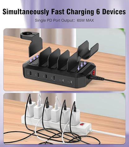 95W Fast Charging Station for Multiple Devices【Patent & Safety Certs】 6-Port USB Charging Dock with 2 PD Ports Compatible with Cellphones/iPad/MacBook/Kindle/Tablets (8 Mix Cables & 2 Stands Included)