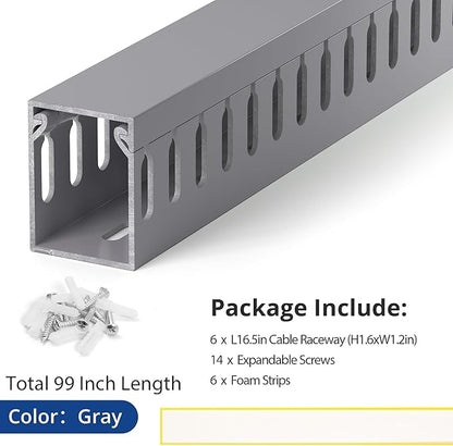 ZhiYo H1.6in W1.2in Professional Server Rack Cable Management Raceway, 99in (6X L16.5in) Cable Raceway Kit, Electrically Safe PVC Open Slot Wire Raceway for Under Desk/Computer/Network Cords, Grey