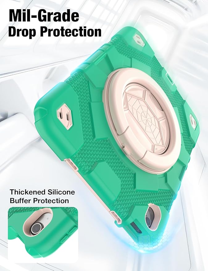 SCSVPN for iPad (A16) 11th/10th Generation Case 11 inch 2025/10.9 inch 2022, Rugged Shockproof Protective Silicone Case for Kids with Pencil Holder, Rotate Stand & Handle, Shoulder Strap - Mint Green