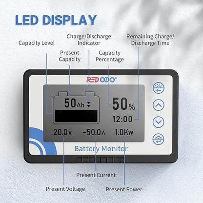 Redodo 500A Battery Monitor with Shunt, 8V-120V, 20ft Cable, High and Low Voltage Programmable Alarms for LiFePO4, Gel, Lead - Acid Batteries