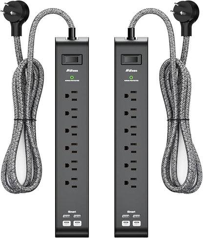 15FT Power Strip Surge Protector - 2 Pack Extension Cord with 6 Outlets 4 USB Ports, Flat Plug, 900 Joules, 15A Circuit Breaker, Wall Mount for Home Office Dorm