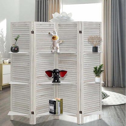 4 Panel Room Divider with Shelves, Room Dividers and Folding Privacy Screens, Folding Room Dividers 4 Panel, White Room Divider with 3 Display Shelves for Home Office (White)