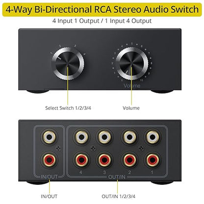 PROZOR RCA Switch 4 Way Bi-Directional RCA Splitter with Volume Control and Switch Button, R/L Audio Selector with No Power Supply Needed for DVD Stereo Speaker CD Player