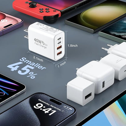 USB C Fast Wall Charger Block, 2Pack 40W USBC Charging Cubes, 4-Port PD+QC Power Adapter Multiport Brick Type C Box Plug for Phone 16/15/14/13/12/11/Pro Max/Plus, Pad Mini/Pro/S25/S24