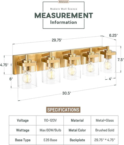 METWET Bathroom Light Fixtures, 30" Brushed Gold Vanity Light, 5-Light Modern Wall Sconces with Square Clear Glass Shade, Vanity Lighting Fixtures Over Mirror, VL194-BG-5