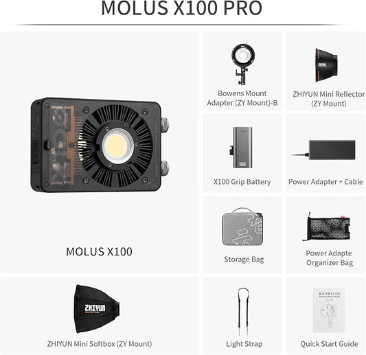 ZHIYUN MOLUS X100 Bi-Color Pro 100W Video Light [Official] V2 Upgraded Version Professional Photography Lighting Portable Continuous Output Lighting 2700K~6500K CRI≥95 TLCI≥97 for Youtuber TT Photog