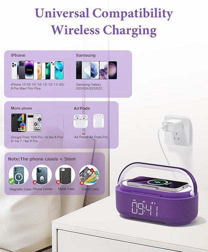 COLSUR Bluetooth Speaker Alarm Clock with Wireless Charger, FM Radio, Adjustable LED Night Light, 6 in 1 Bedroom Portable Speaker 2500mAh, Phone Stand for Bedside, Home, Office, Gift (Purple)