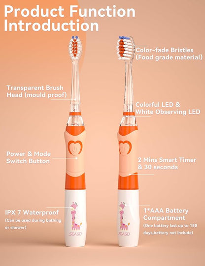 SEAGO Kids Electric Toothbrush with 2 Mins Brushing Timer and 4 Replacement Bursh Heads, Rainbow LED Light Make Brushing Fun, Boys Battery Powerd Toothbrush for 4-12 Years Old，SG-977(Orange)