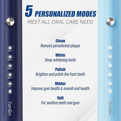 7AM2M Rechargeable Sonic Electric Toothbrush 2 Pack, Soft Toothbrushes for Adults and Kids with 12 Brush Heads, IPX7 One Charge Use for 90 Days, 5 Modes with 2 Minutes Build in Smart Timer