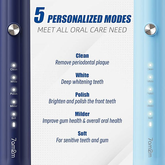 7AM2M Rechargeable Sonic Electric Toothbrush 2 Pack, Soft Toothbrushes for Adults and Kids with 12 Brush Heads, IPX7 One Charge Use for 90 Days, 5 Modes with 2 Minutes Build in Smart Timer