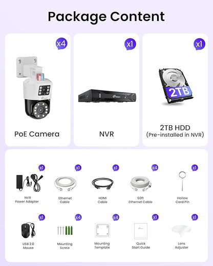 Loocam Dual-Lens 4K PoE Security Camera System, 4pcs Pan/Tilt CCTV Wired PoE IP Camera Outdoor Indoor, AI Person/Vehicle, Spotlight Siren, Color Night Vision, 8CH 8MP NVR with 2TB HDD