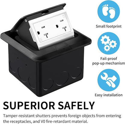 Vagueior Recessed Floor Electrical Outlet Kit,Waterproof Electrical Outlet Covcer Box,Hidden 20A Tamper-Resistant Receptacle Outlet,with Slow Elastic Damping，ETL Certified,Black(1 Pack)