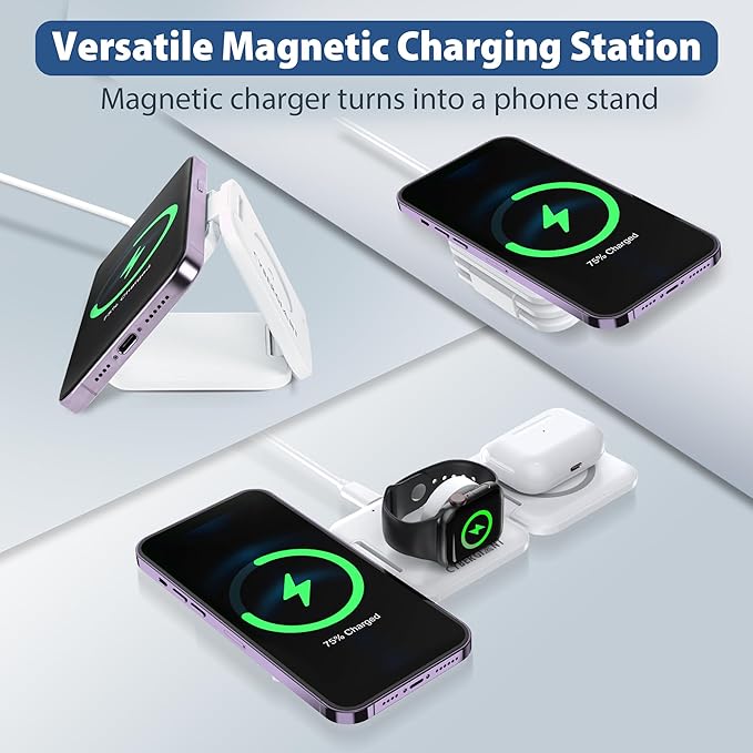 3 in 1 Apple Charging Station for iPhone Airpods iWatch - Travel Charger for Multiple Devices, Portable Foldable Charging Station - Magnetic iPhone Charger with Adaptor&Case (White)