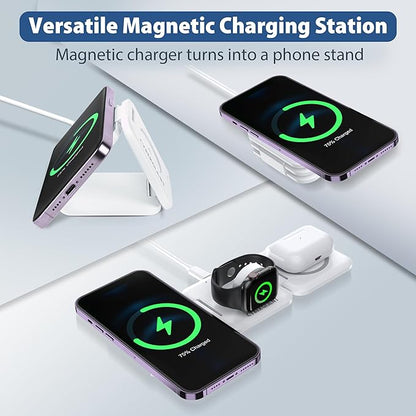 3 in 1 Apple Charging Station for iPhone Airpods iWatch - Travel Charger for Multiple Devices, Portable Foldable Charging Station - Magnetic iPhone Charger with Adaptor&Case (White)