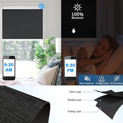 COOLWINDS Motorized Blinds with Remote Cordless Automatic Motorized Shades Custom Blinds for Windows Smart Curtains Compatible with Alexa Google Home(Blackout Jacquard Black,W36 x H72in)