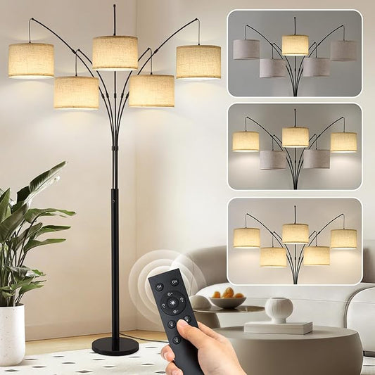 Fansdrick Floor Lamps for Living Room, 4000LM Super Bright Arc Floor Lamp with Remote Control, 5 Light Tall Floor Lamps with Stepless Dimmable, 80" Mid Century Tree Floor Lamp for Bedroom, Office