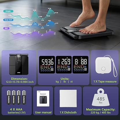 LVPIMAN Smart Scale for Body Weight and Fat,BMI,Muscle Mass 57 Body Composition Measurement,8 Electrodes Digital Bathroom Scale,with 5.25-inch VA Color Screen on Retractable Handle,485lbs