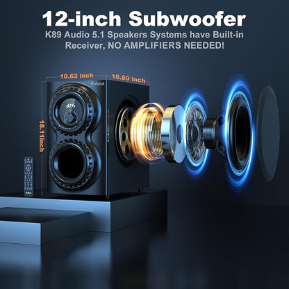 Bobtot Home Theater Sound System 5.1 Surround Sound Systems - 1400 Watts Peak Power 12" Subwoofer Strong Bass 5.1 Wired Home Audio Stereo Sound with Bluetooth ARC Optical Input for TV