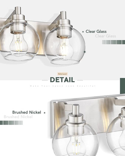 METWET Bathroom Light Fixtures, 5 Light Brushed Nickel Vanity Light, 32 Inch Modern Wall Sconces with Globe Clear Glass Shade, Vanity Lighting Fixtures Over Mirror, VL195-BN-CL-5