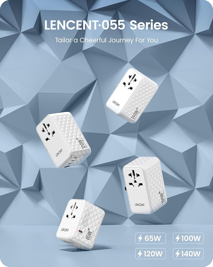 LENCENT 140W International Travel Adapter, GaN Universal Travel Adapter with 1 USB-A & 3 Type C Power Adapter, Fast Charger for Phone,Laptops, Worldwide Plug Adapter for USA/UK/EU/AUS, White