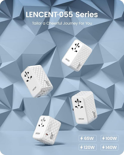LENCENT 120W International Travel Adapter, Universal Travel Adapter with 1 QC USB-A & 3 PD3.0 Type C Power Adapter, Fast Charging for Phone,Laptops, All-in-One Outlet Adapter for USA/UK/EU/AUS, White