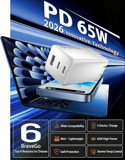 Bravego 65W Charger Block, 3-Port Fast Charging Adapter, GaN Tech, Compact Wall Plug Block, Light Weight for Travel, for iPhone 15/14/13/12 Plus Pro Max, iPad Pro, iPad, MacBook Air, Samsung, AirPods