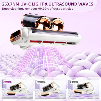 BESTING Mattress Vacuum Cordless with 16Kpa Suction & HEPA Dust Cups, 253.7nm UV-C Light & Ultrasonic, Low Noise Widened Suction Port Handheld Vacuum for Bed Pillows Couch Car Seat Rugs, Pearl White