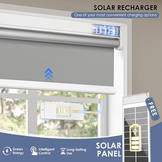 Motorized Roller Blinds with Remote Control & Solar Panel - 100% Blackout Smart Blinds, Automatic, Cordless, Electric Shades - Compatible with Alexa - Grey, 34½" W x 72" H