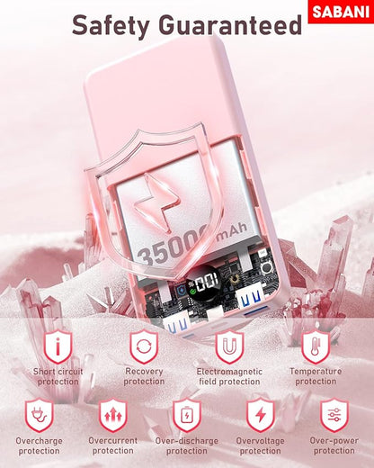 SABANI Portable Charger 35000mAh Power Bank - Portable Battery with 4 Built in Cables, 22.5W Fast Charging Battery Pack Compatible with iPhone 16 15 14 13 Samsung Android Phone etc (1 Pack, Pink)