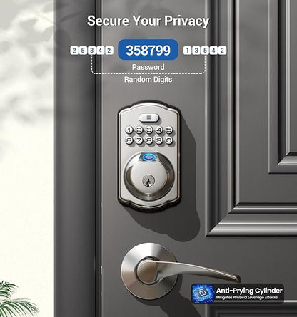 Veise Fingerprint Door Lock with 2 Lever Handles - Keyless Entry Door Lock, Electronic Keypad Deadbolt, Digital Smart Code & Front Handle Sets, Auto-Locking, Easy Installation, Satin Nickel