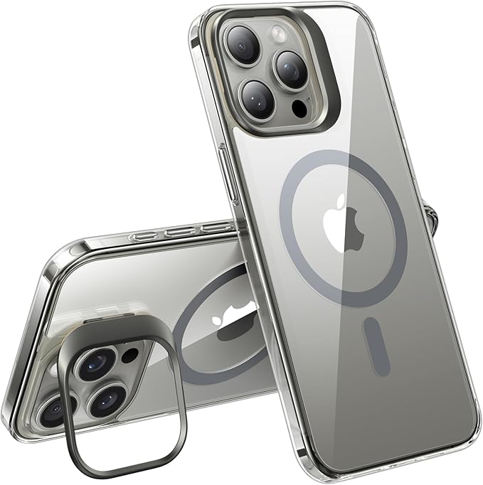 TORRAS Magnetic for iPhone 15 Pro Max Case [Anti-Yellowing][Compatible with MagSafe][Military-Grade Protection][Built-in Invisible Stand] Slim Hard Back Soft Edge, Clear Grey