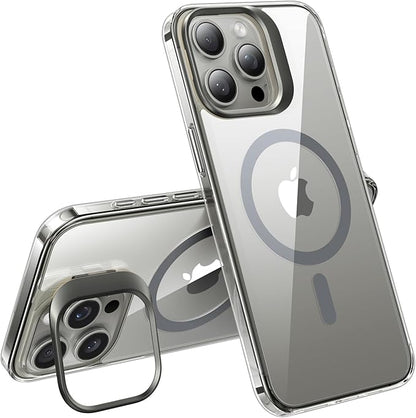 TORRAS Magnetic for iPhone 15 Pro Max Case [Anti-Yellowing][Compatible with MagSafe][Military-Grade Protection][Built-in Invisible Stand] Slim Hard Back Soft Edge, Clear Grey